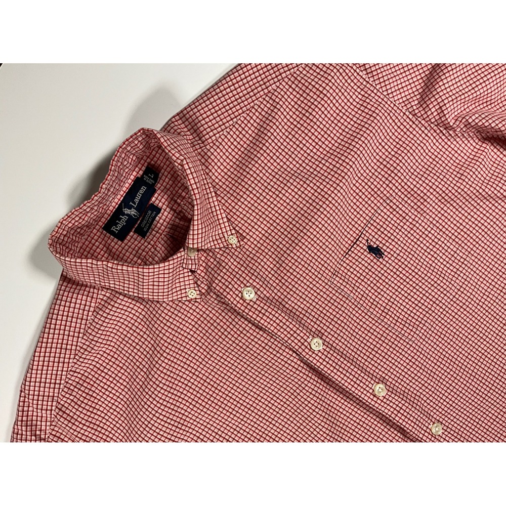 Ralph Lauren Greggor Men Large Red Gingham Cotton Short Sleeve Button Down Shirt